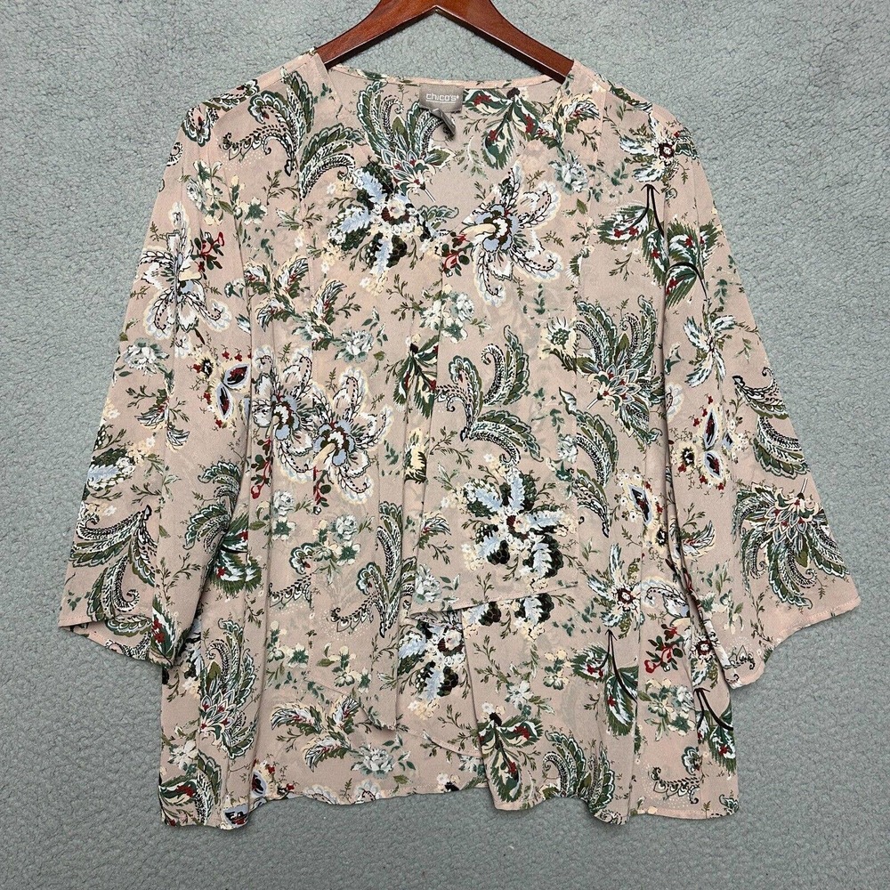Chicos Shirt Women 2 Large Pink Floral 3/4 Sleeve Chiffon Flowy Semi Sheer